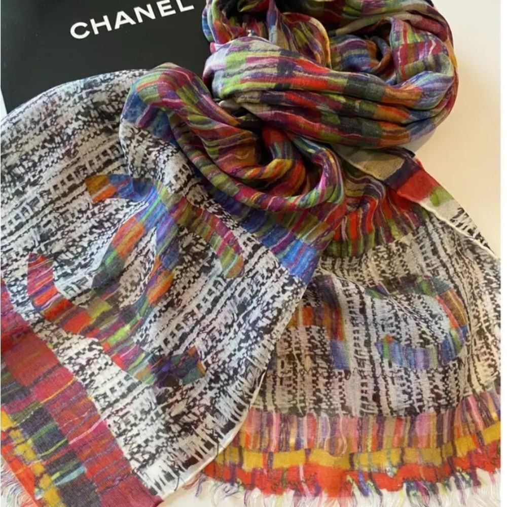 Auth Chanel Multicolor Cashmere Modal Silk Blend Striped Wrap Shawl Stole Scarf - Picture 12 of 15